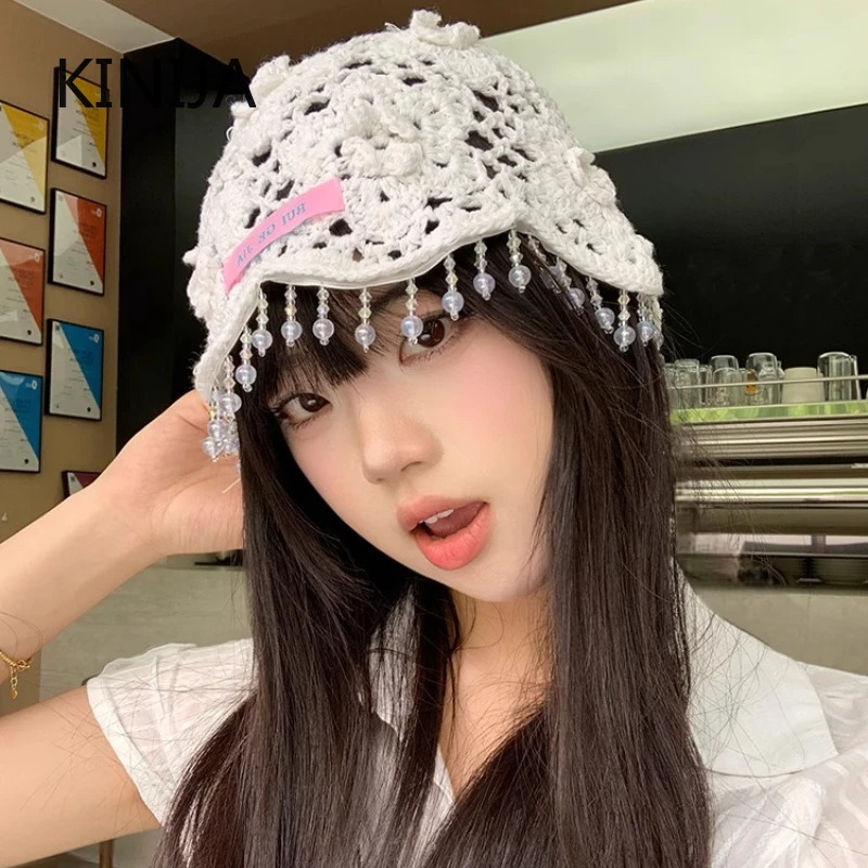 Handmade Tassel Knitted Hat Women Bohemian Beaded Fringed Pullover Hats for Girl Summer Travel Po Hollow Beanies Cap Y2K 250715