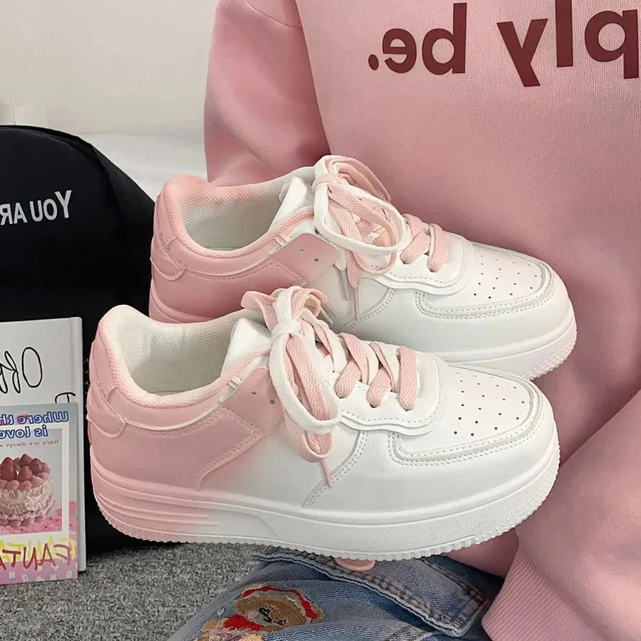 Gradient color flat white shoes for women thick soled lace up board shoes for high school students casual shoes for women 250712