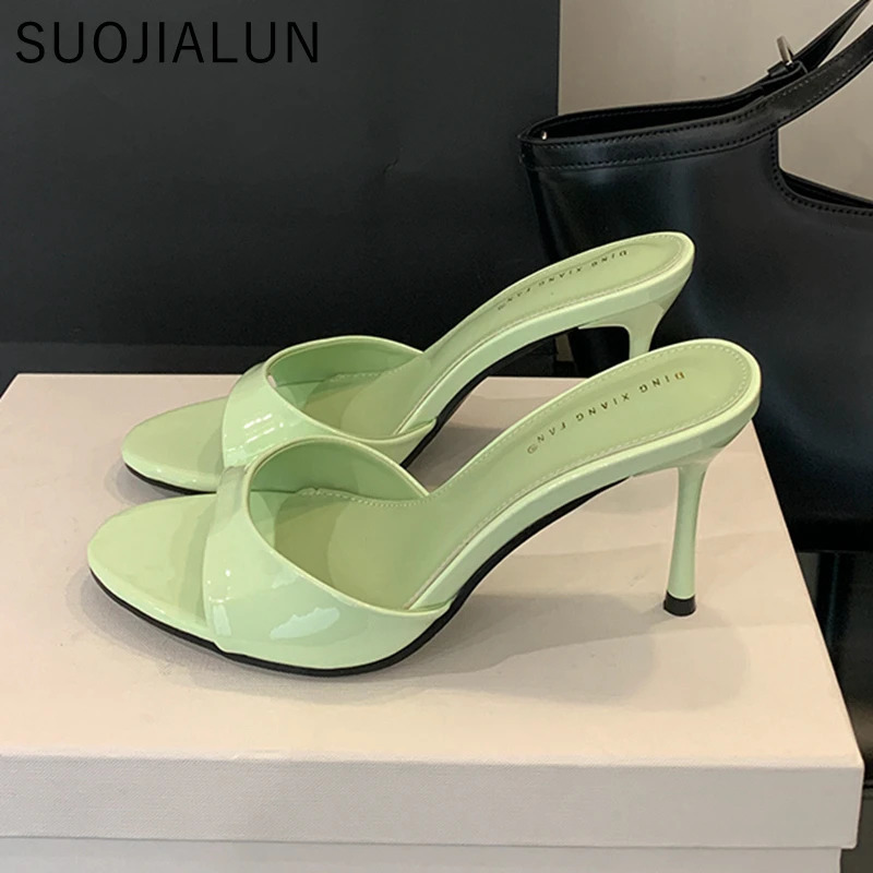 SUOJIALUN Summer Women Slipper Fashion Open Toe Slip On Slides Ladies Elegant Thin High Heel Dress Pumps Slides 250712
