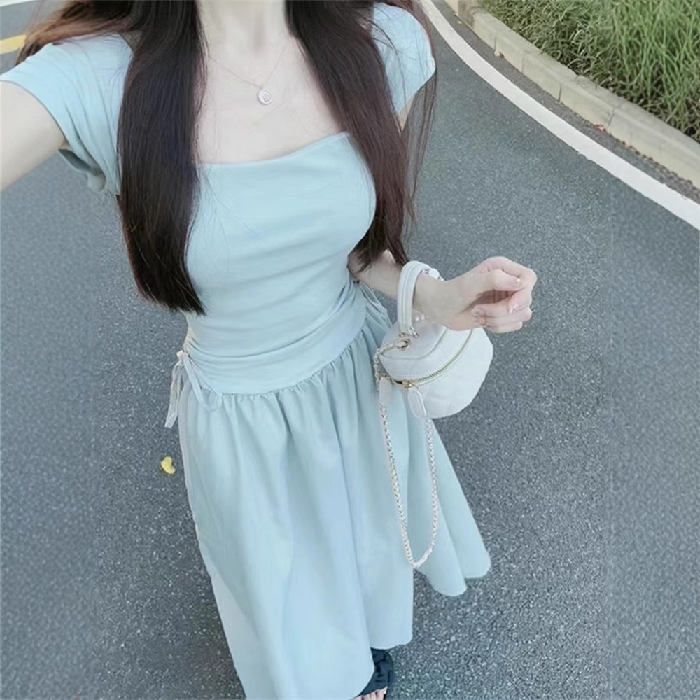 2025 Tea Break French Square Neck Dress for Women Summer New First Love Pure Sweet Long Waist-Cinching Petite