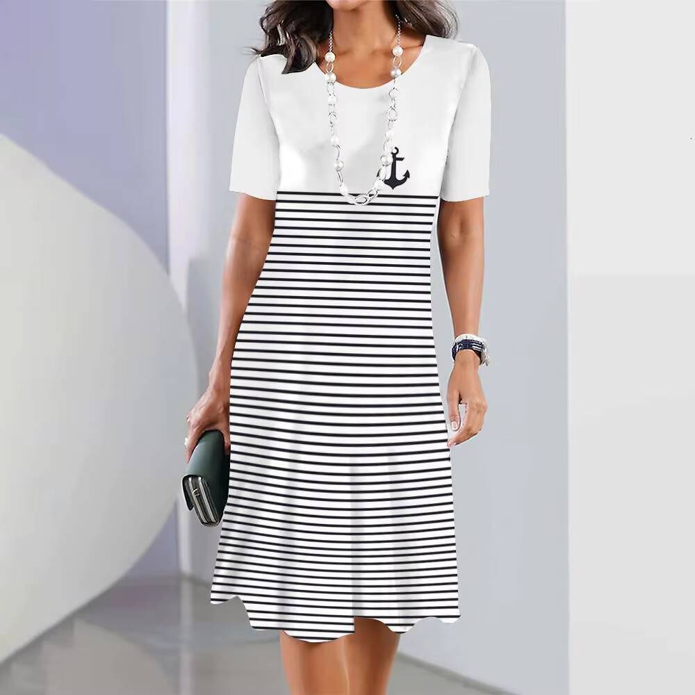 2024 New Womens Anchor Print Vacation Midi Female Elegant Dresses Summer Short Sleeve Dress Fashion Oversized dongdumaoyi