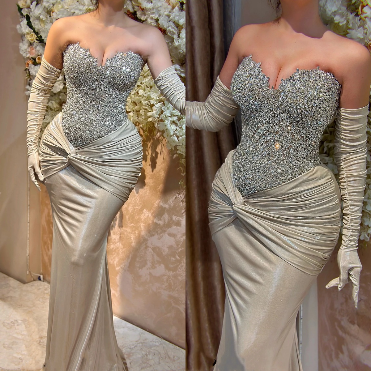 Simple Mermaid Women Evening Dresses Sweetheart Neck Sleeveless Gown Crystal Sweep Train Dress For Party Custom Made