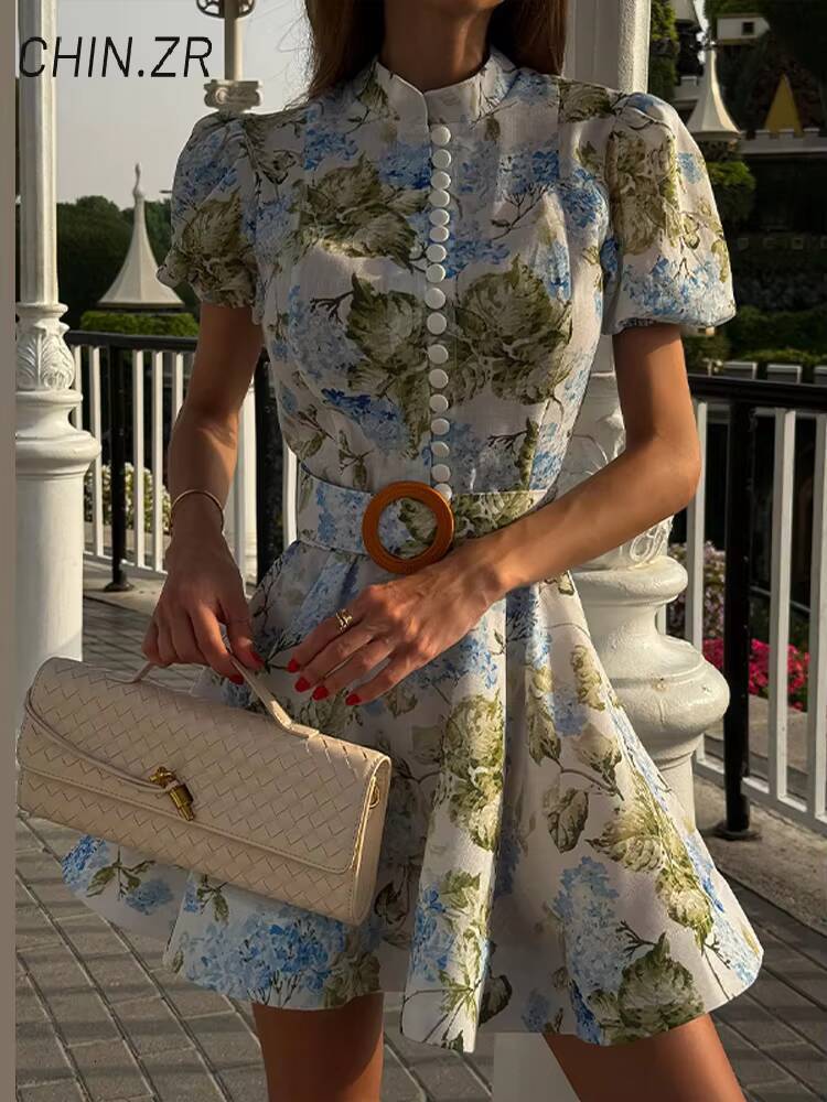Elegant Print Belt Single Breasted Short Dress Women Stand Collar Puff Sleeve A-line Party Dresses 2025 Summer Lady Holiday Robe dongdumaoyi