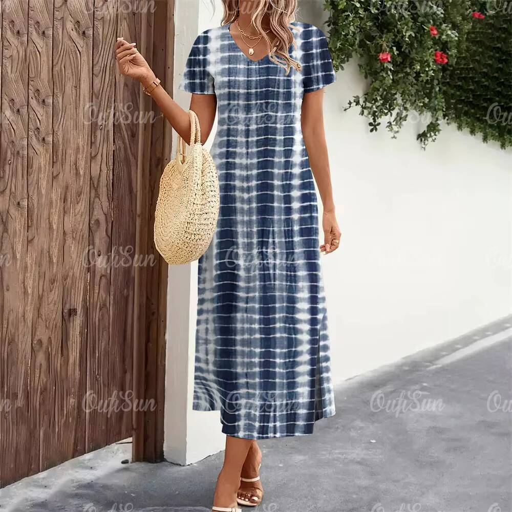 2024 New Womens Striped Print Summer Elegant Midi Dresses Vacation Feamle Short Sleeve Dress Fashion Oversized Clothes dongdumaoyi