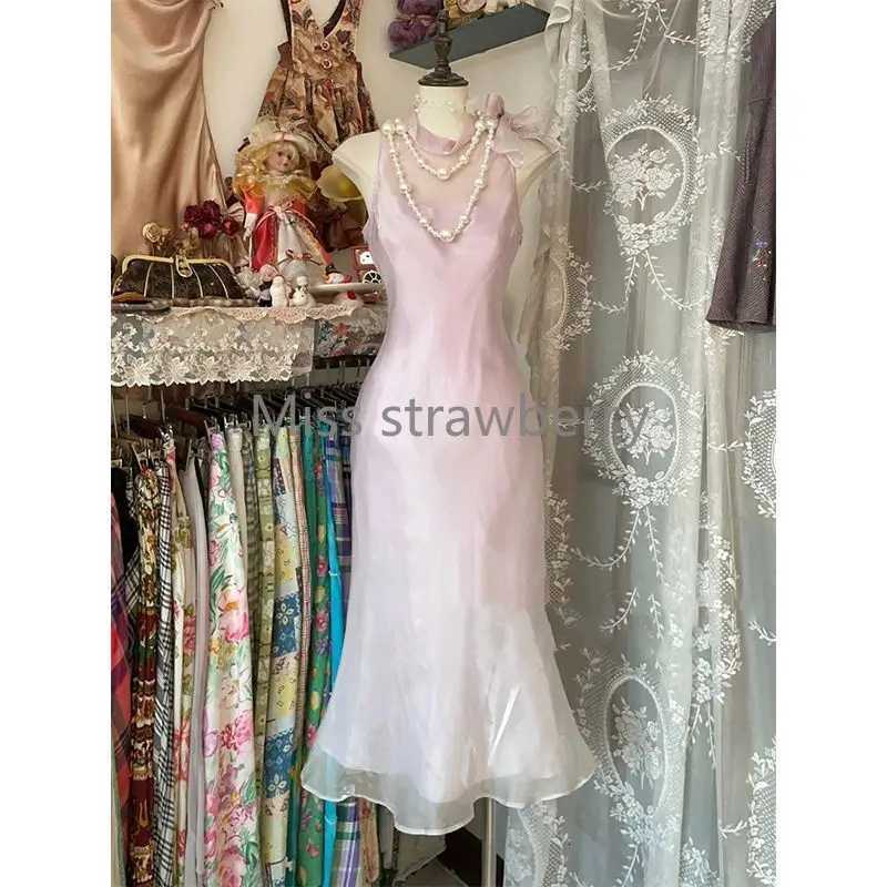 France Vintage Elegant Skinny Sleeveless Dress Women Design Sweet Pink Slim Dresses Female Retro Chic Fairy Thin Clothing New R250716