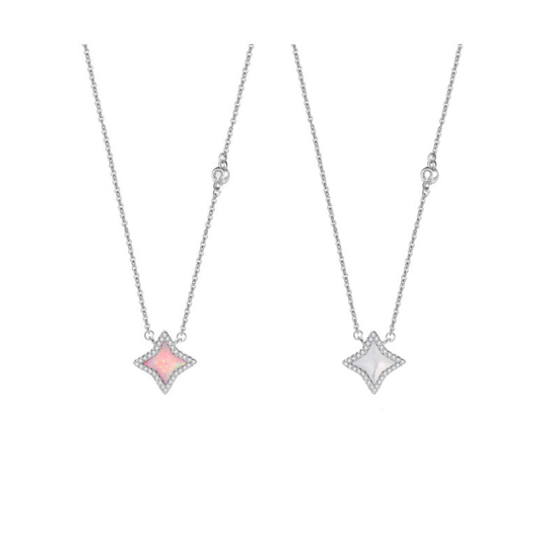 Elegant Silver - Toned Rhombus - Shaped Pink Opal Necklace With Rhinestone Halo And Chain Accents Dainty Sparkle For Everyday & Events High - Quality 