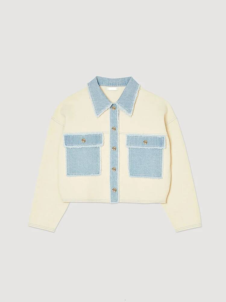 Women's White Denim Patchwork Shirt With Pockets Short-Length Spring New Comfortable Fit Casual Chic Streetwear For Woman