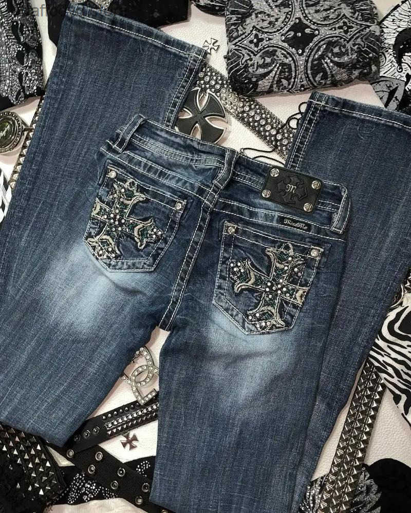Womens Jeans Hip Micro Horn Baggy Strt Clothing Retro Gothic Y2k High Waited Diamond Embroidery Pattern Blue Woman S251010