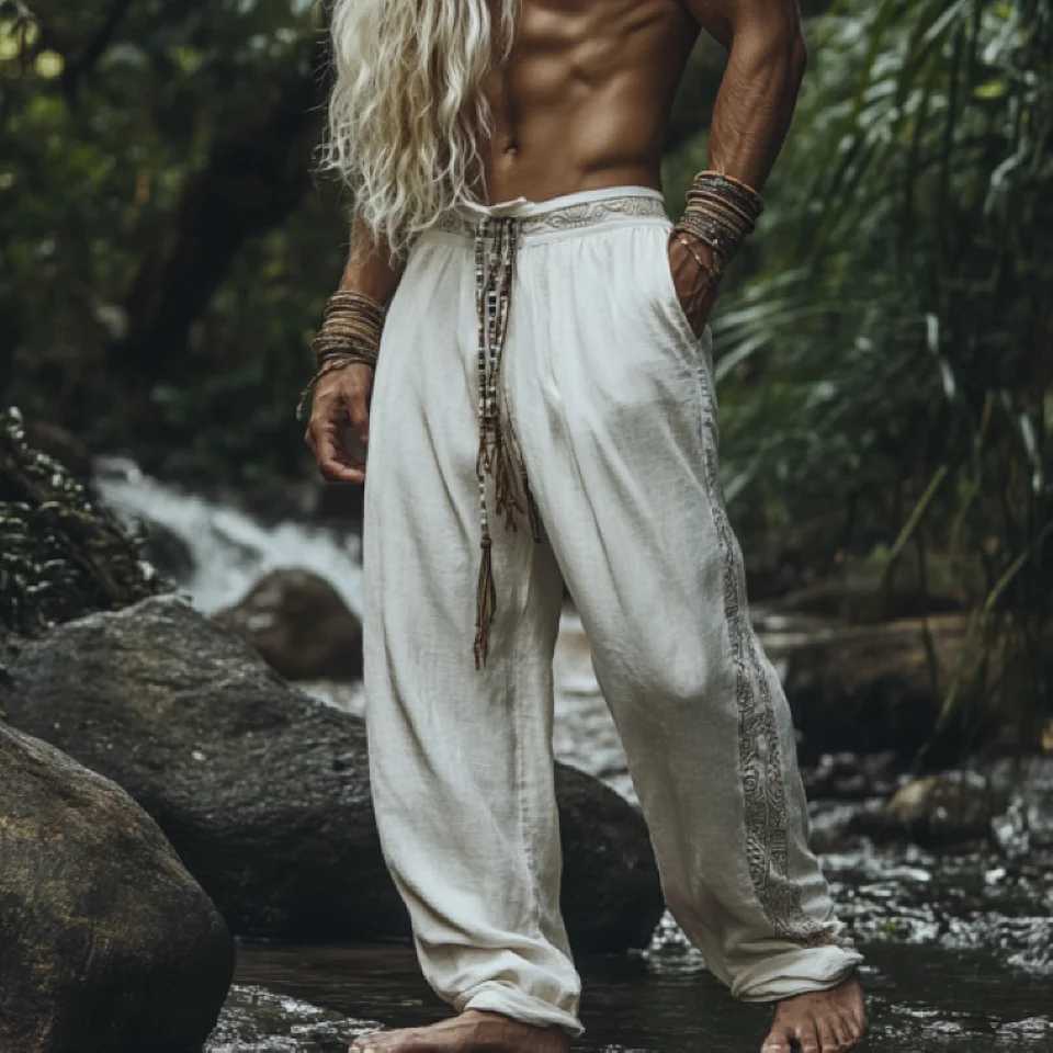 Mens Bohemian holiday style vintage ethnic totem print simple casual pants y250716