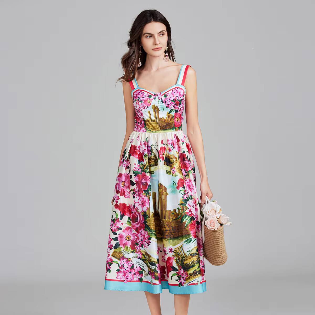 Designer Summer Holiday Floral Print Midi Prom Dress Women Bustier Corset Strechy Back Sundress Party Long Evening Dresses dongdumaoyi