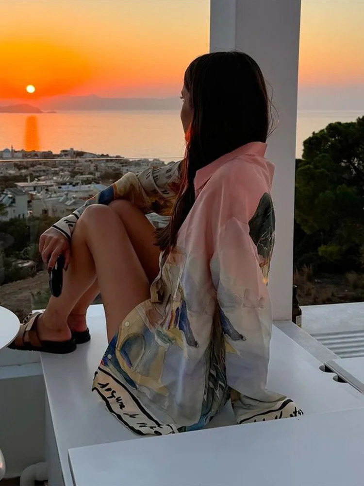 Fashion Printed 2 Piece Set Loose Lapel Button Long Sleeved Shirt Elastic Waist Shorts Suit 2025 Spring Summer Beach Lady 250714