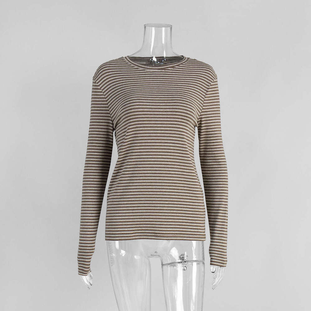 Striped T-Shirt Autumn Winter Commuter Slim Fit Round Neck Cotton Base Shirt Long Sleeve Tee For Women B5