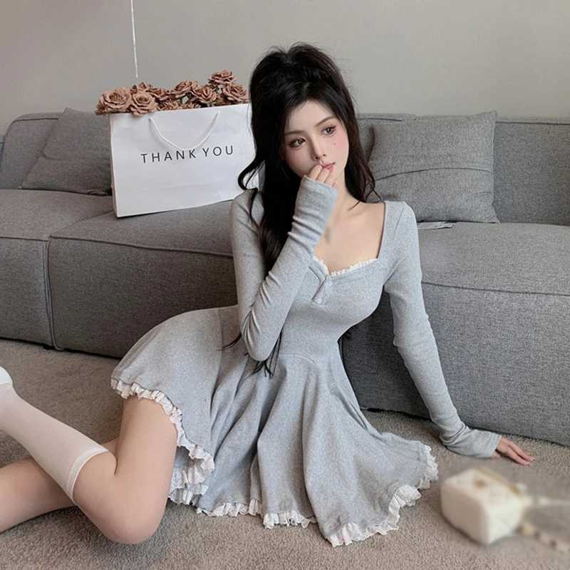 Sexy Korean Dress French Style Closed Waist Long Sleeve Collarbone Exposed Sweet R250716