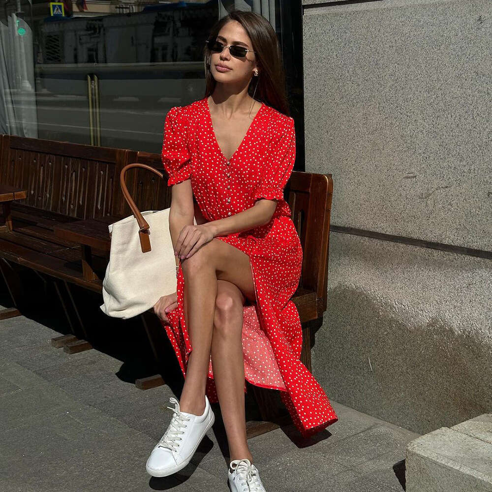 Polka Dot Summer V-Neck Waist-Cinching Slit Mid-Length Red Short-Sleeve Dress For Women B5