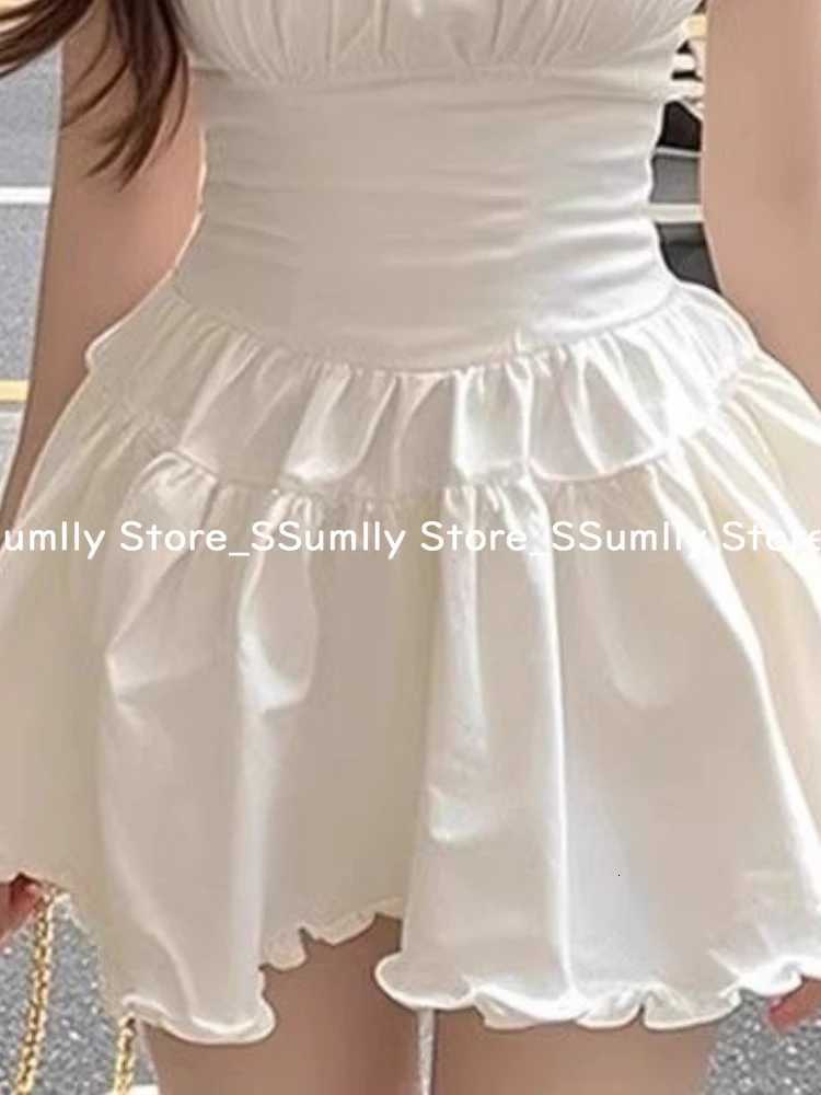 2025 Summer White Square Neck Ruffled Sling Dress Women French Slim Fit Sexy Elegant Party Clothes Korean Fashion Short Dresses R250716