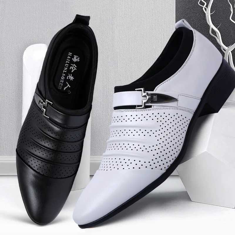 Summer Black Brown White Men Leather Shoes Mens Pointed Toe Dress Shoes High Quality Formal Slip On Hollow Out Sandals Man h78 Y250715