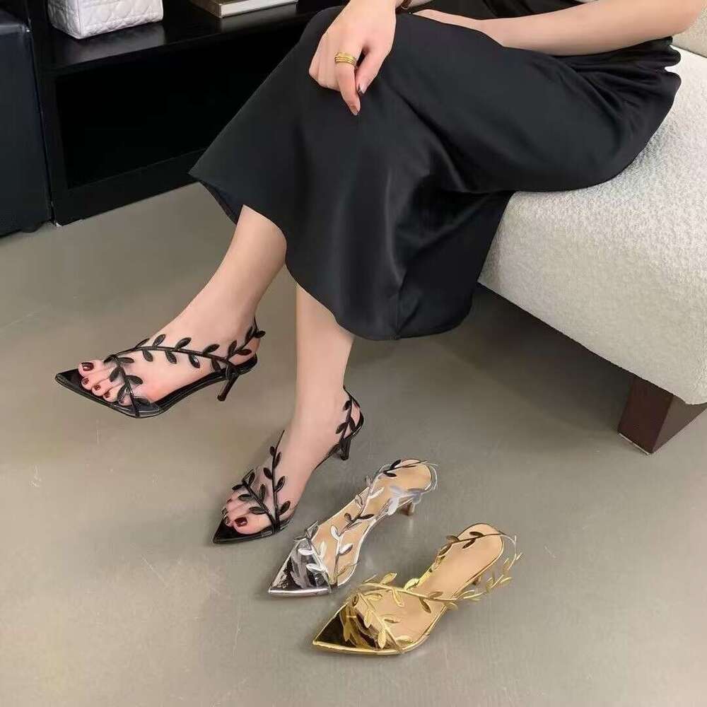 Quality ~ Design Sense Golden Branch Jade Leaf Gold Sandals 2025 Summer Ins Thin Heel Pointed Open Toe High Heels for Women