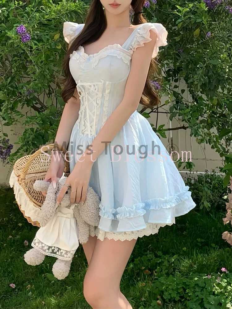Korean Sweet Lace Stitching Fit Chic Dress Women New Harajuku Kawaii Fairy Slim Summer Dresses Aesthetic Fashion Lovely Outfit R250716