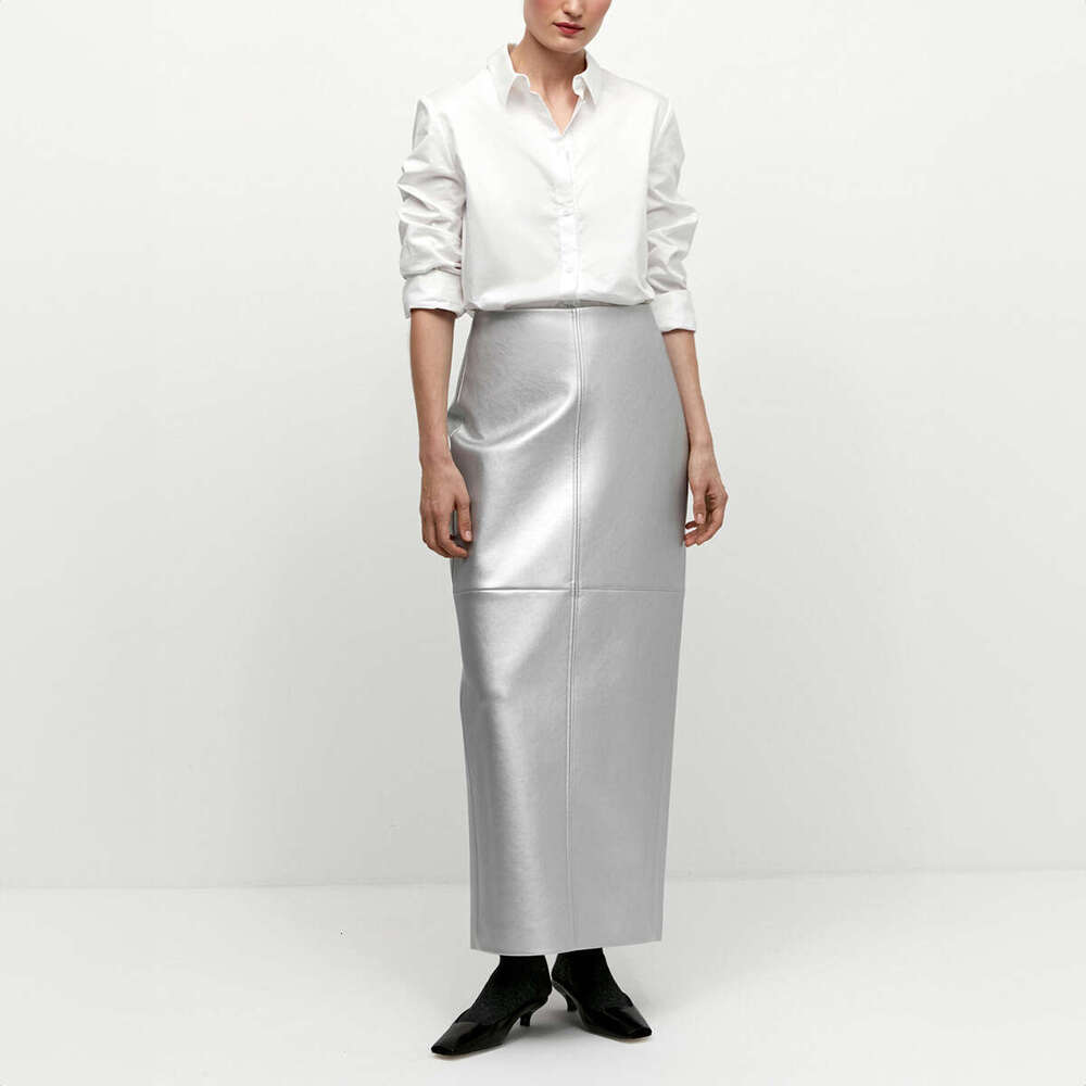 PU Spring Split Stitching Metallic Glossy Leather Bodycon Skirt For Women B5