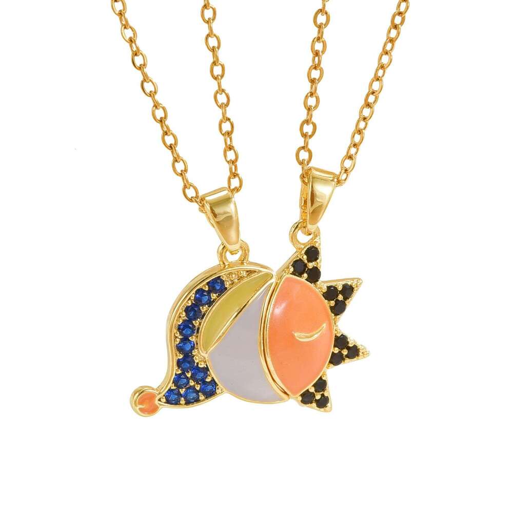 New And Splicing Cartoon Sun Moon Couple Necklace Copper Gold Plated Pendant Clavicle Chain 6C1