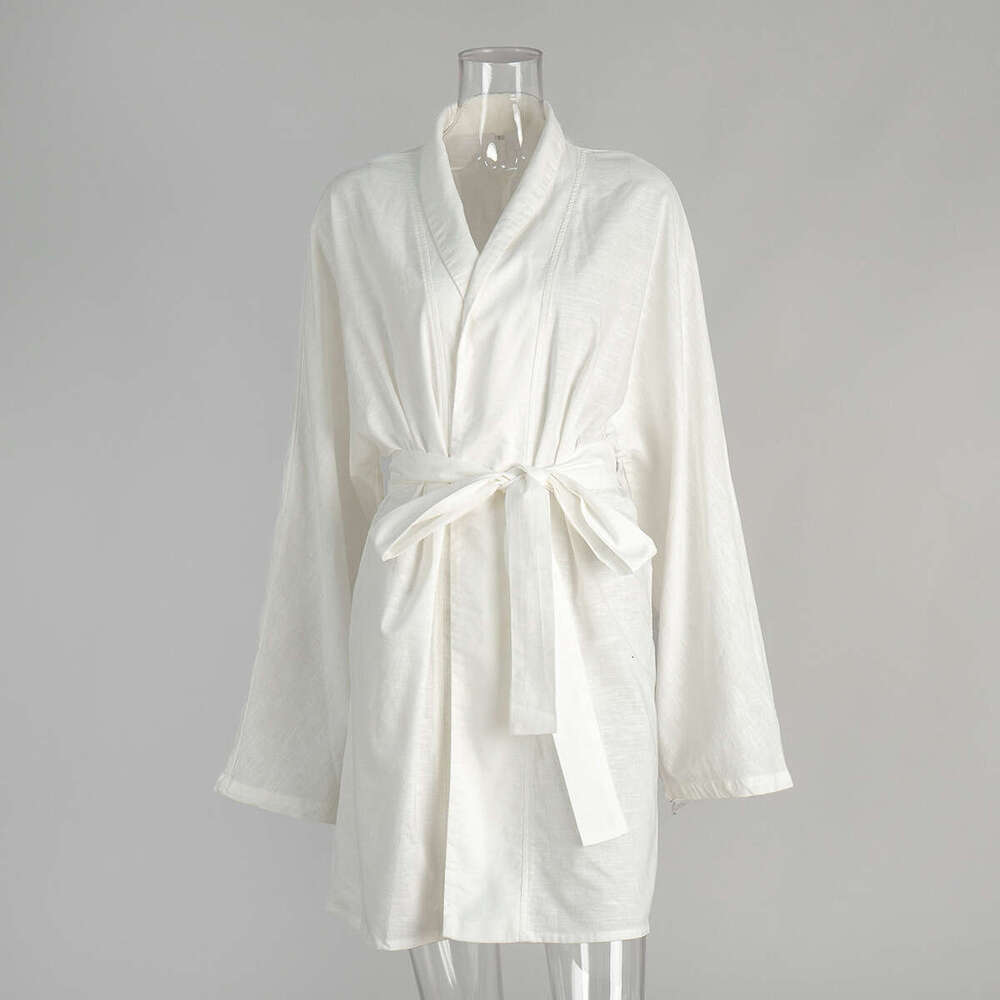 Cotton Linen Robe For Women Spring Summer New Tie Casual Comfortable Beach Dress B5