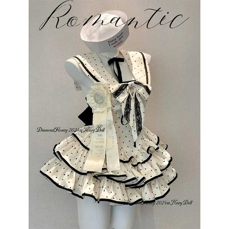 Japanese Kawaii Polka Dot Mini Dress Women Preppy Bow Ruffles Dresses Summer Y2K Lolita Sailor Collar Backless Bodycon Vestidos R250716