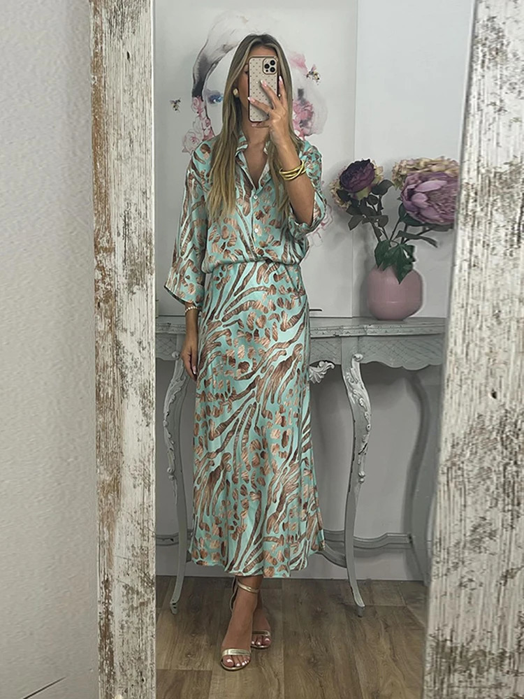 Party Dresses Printed Womens Skirt Set V-neck Three Quarter Sleeve Shirts High Waist Skirts Female 2 Pieces Evening Outfits 250715