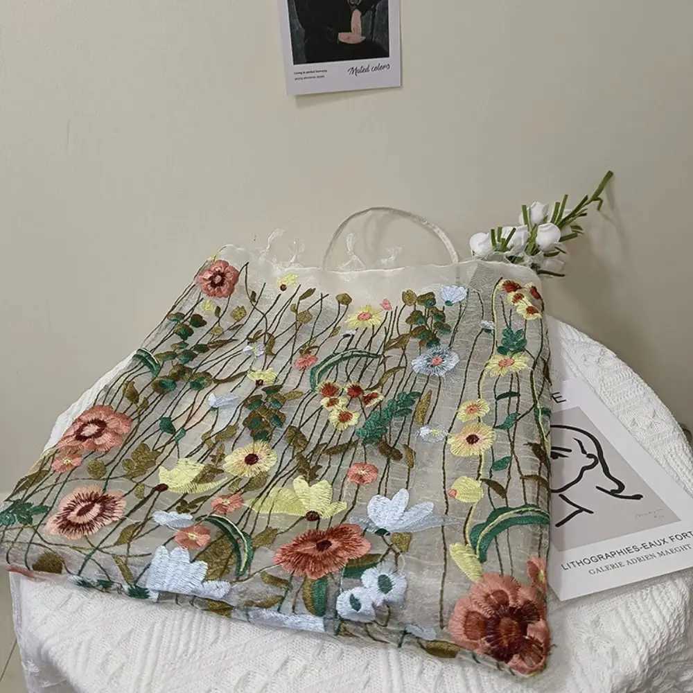 Simple Camellia Flower Embroidery Cloth Bag Lace Tote Bag Canvas Shoulder Bag Handbag Grocery Handbags Ethnic Style Bag Women