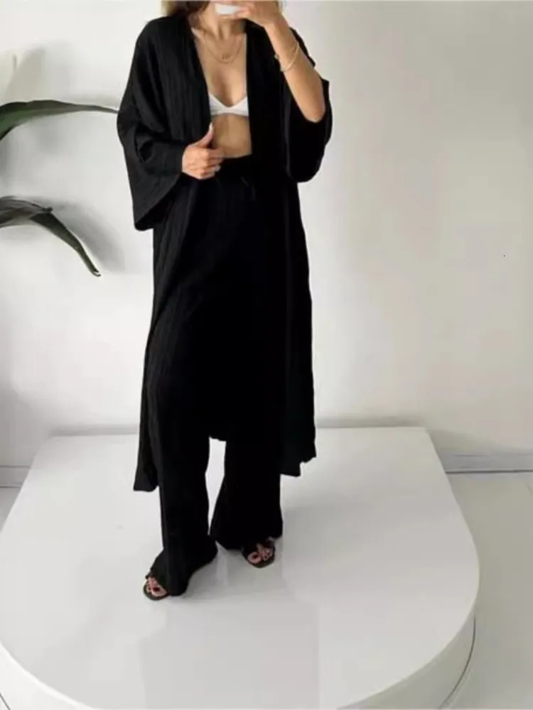 Solid Color Folds Pants Sets Women Loose Long Cardigan Wide Legs Trousers Two Piece Set Fashion Casual Lady Commuting Suits 250715