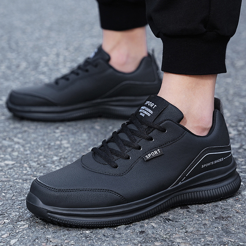 Men's Outdoor Leather Running Shoes - Black Casual Sporty Trainers 4 75be5