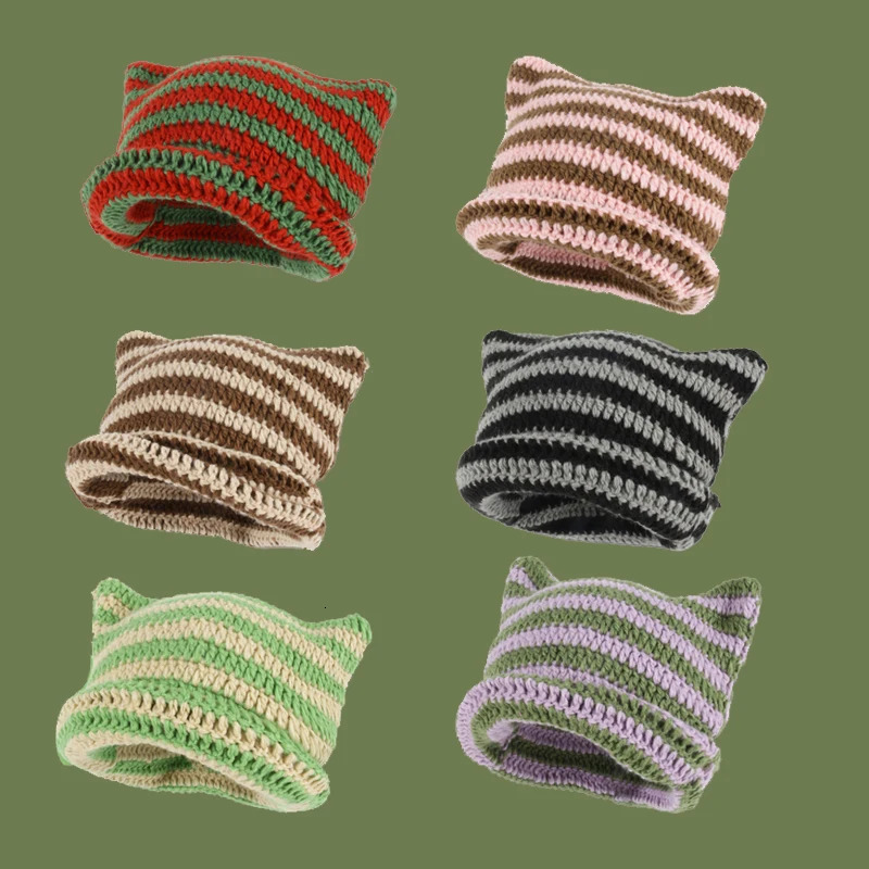 Beanie Hat Ins Little Devil Striped Knitted Wool Cap Autumn and Winter Crochet Cute Cat Ears Pointed Pullover Womens Hats 250715