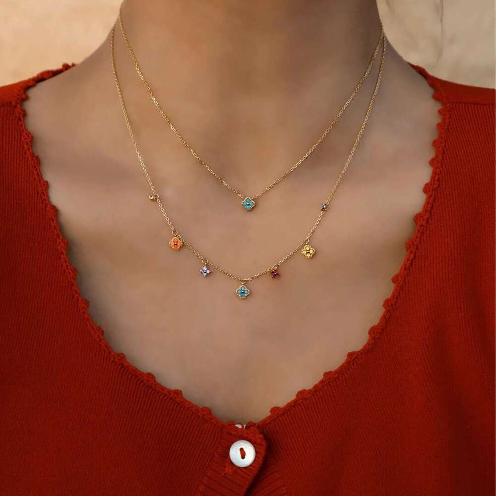 S Pure Sier Lucky Four-Leaf Flower Mini Necklace for Women, Niche Design, French Elegant Colorful Light Gift