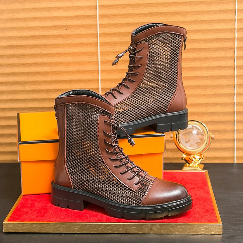 Summer Mens leather boots Thick Sole Mesh Hollow Out Outdoor Fashionable Breathable Motorcycle High Bond Leather Shoes 250715