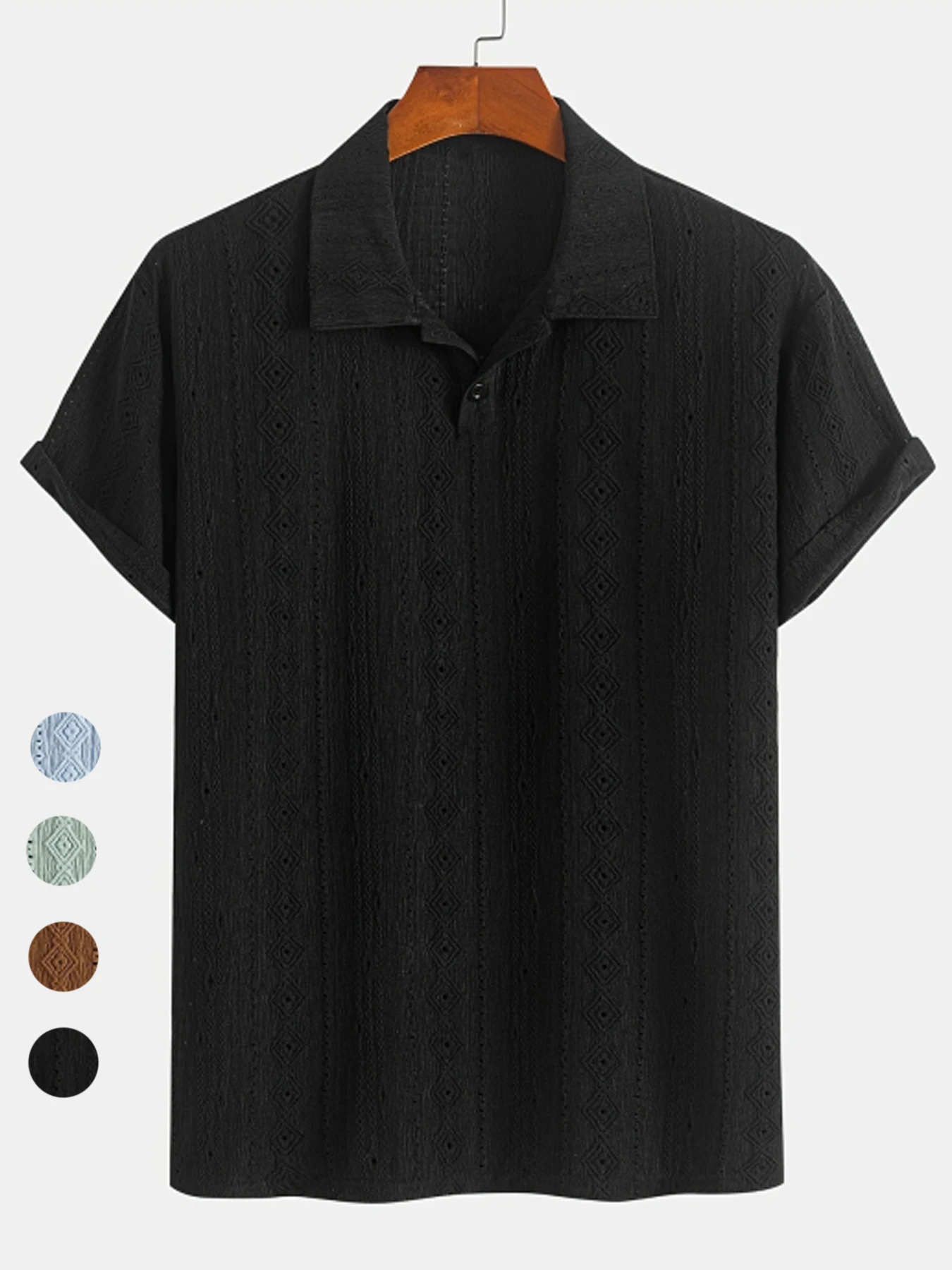 Polo Shirts For Men Streetwear Solid Color Jacquard Textured Half Buttoned Short Sleeves T-shirt Mens Basic Tops 250716