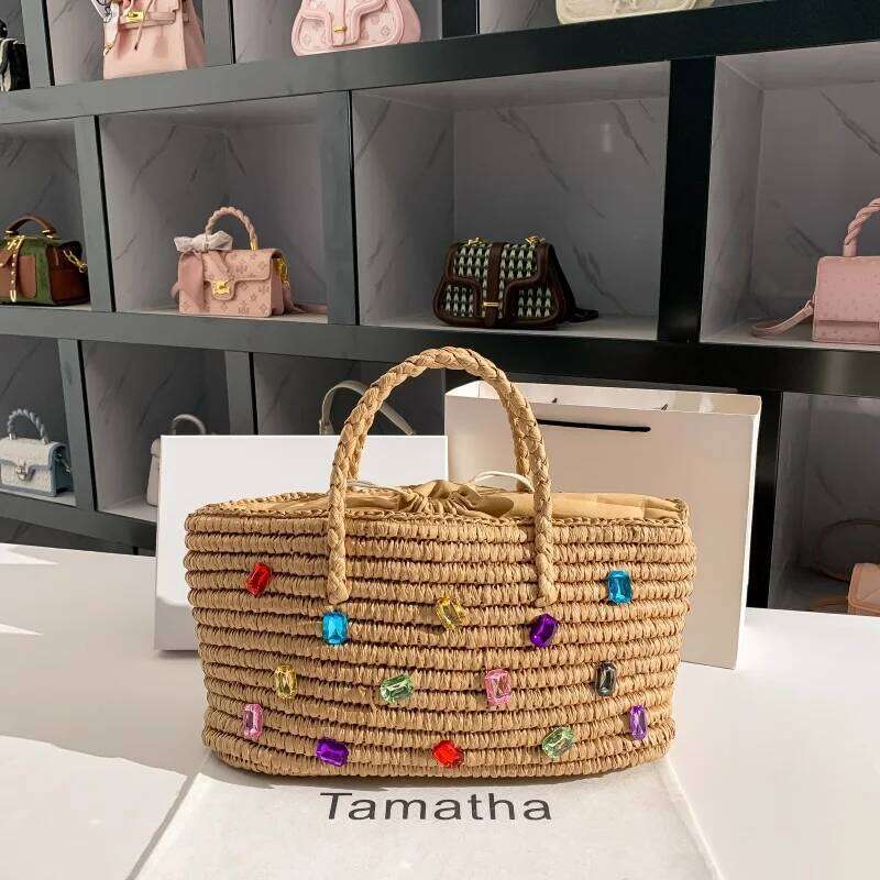 Summer Straw Woven Handmade Handbag Large Capacity Bucket Crystal Shiny Rhinestones Dia Tote Women Holiday Beach Bag