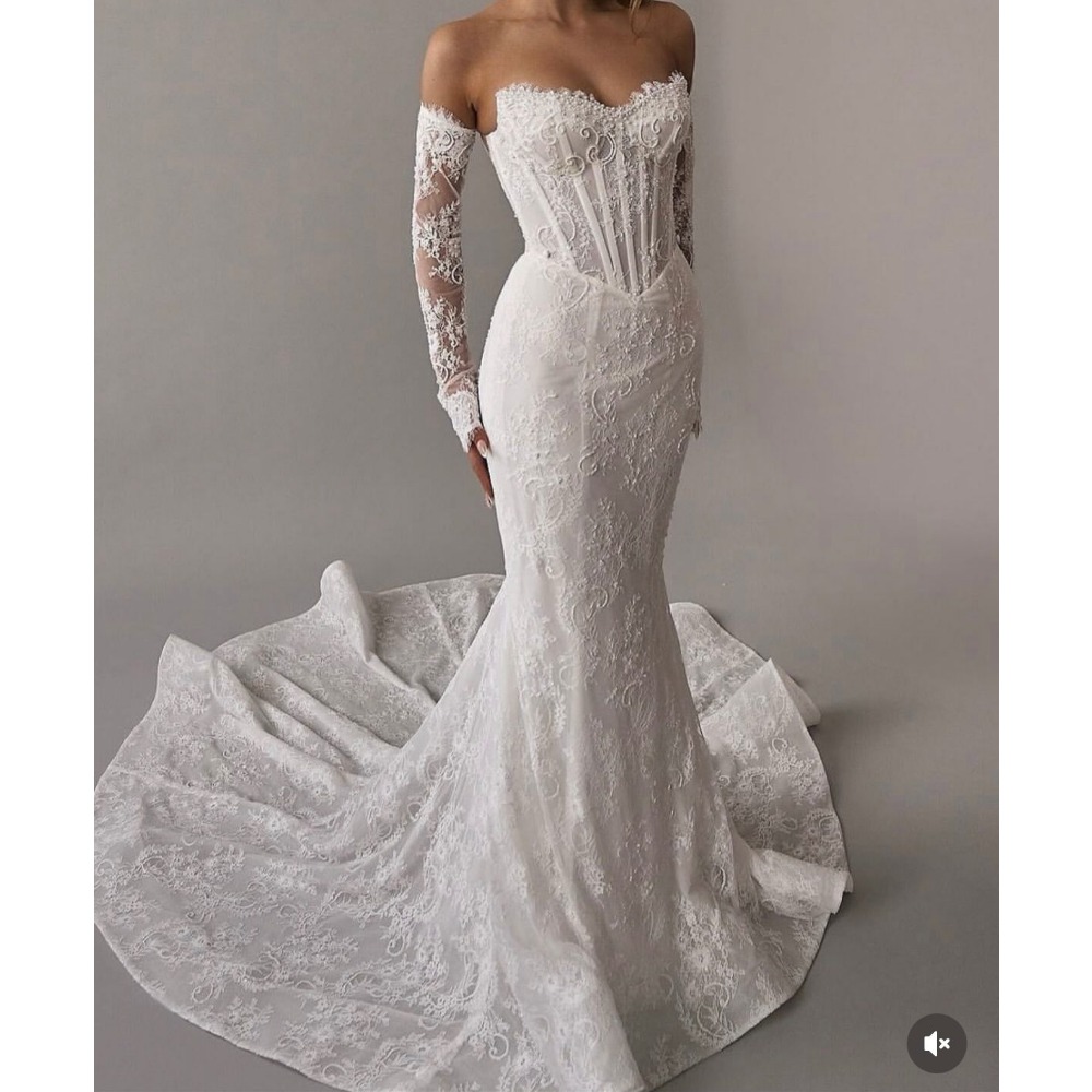 Full Lace Boho Mermaid Wedding Dresses With Detachable Train Corset Strapless Long Bridal Gowns Romoveable Sleeves Ivory Vestido De Novia Back Lace-up
