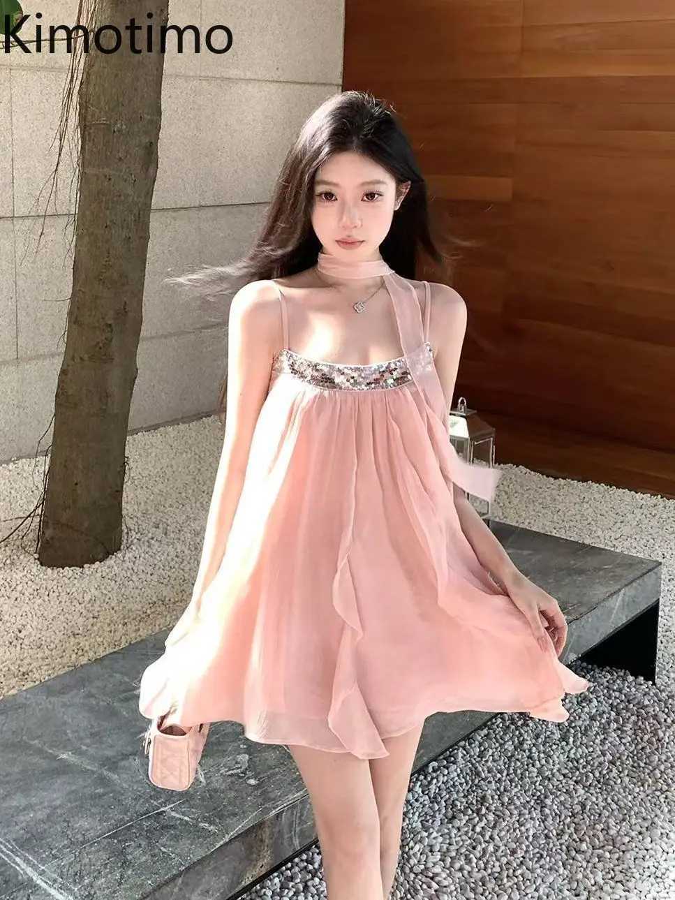Kimotimo Luxury Sequin Suspender Ruffle Party Dress Women 2025 Summer Fairy Beach Vacation Backless Sleeveless Mini Dresses R250716