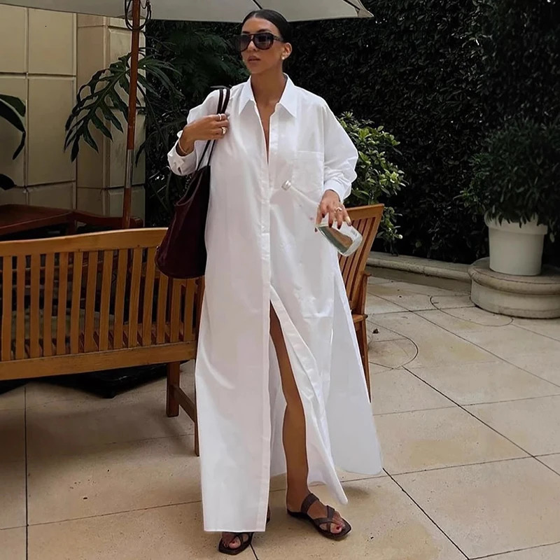 Tornova Loose Casual Shirt Long Dress For Women Fashion Single Breasted Lapel Slit Dress French Long Sleeve Summer Dress 250715