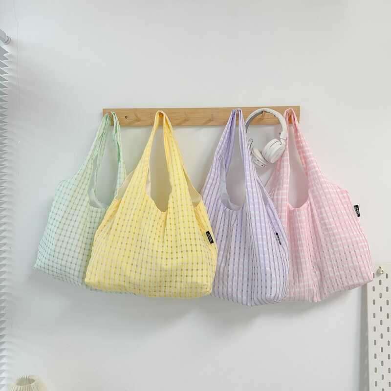 Summer New Candy Color for Women Plaid Canvas Korean Style Ins Fresh Literary Simple Women's Shoulder Bag