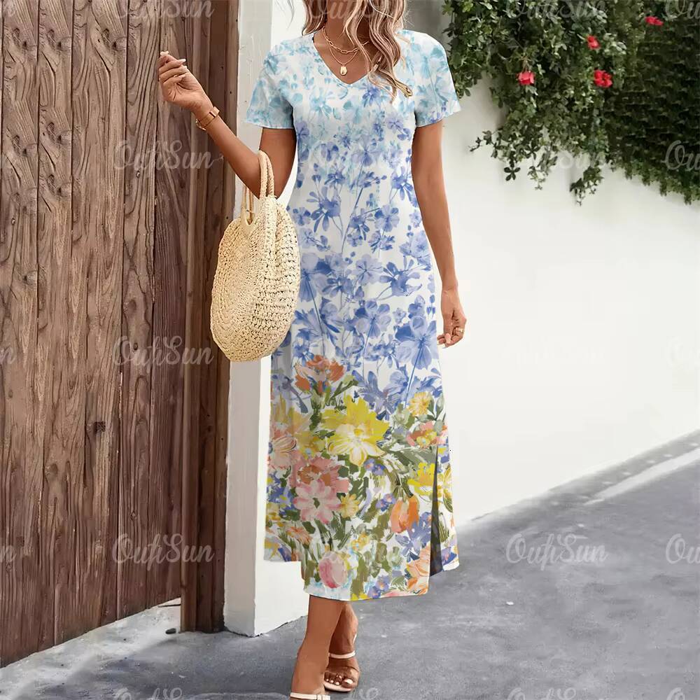 2024 New Womens Floral Print Summer Elegant Midi Dresses Vacation Feamle Dress Fashion Oversized Clothes Plus Size dongdumaoyi