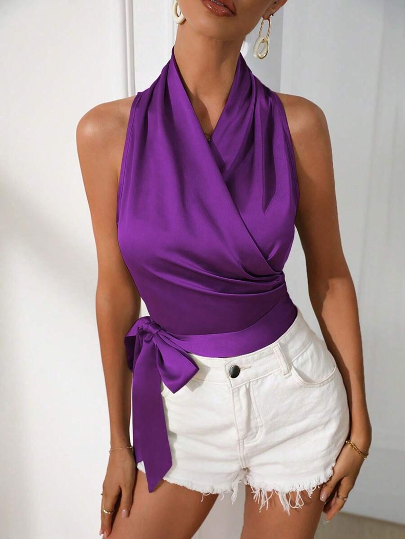 Women's color satin shirt, women's spring and summer hanging neck sexy lace up side wrapped sleeveless shirt top
