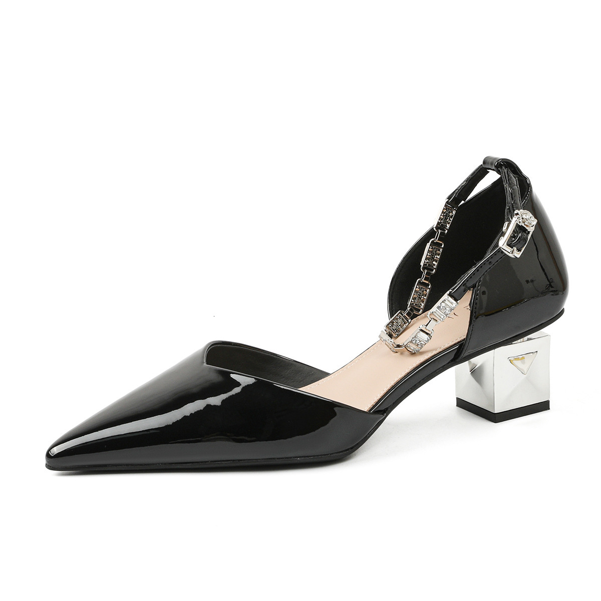 Spring Summer New Patent Leather Irregular Heel Red High Heels One-Strap Metal Pointed Toe Non-Slip Hollow Sandals for Women ddmysaturn