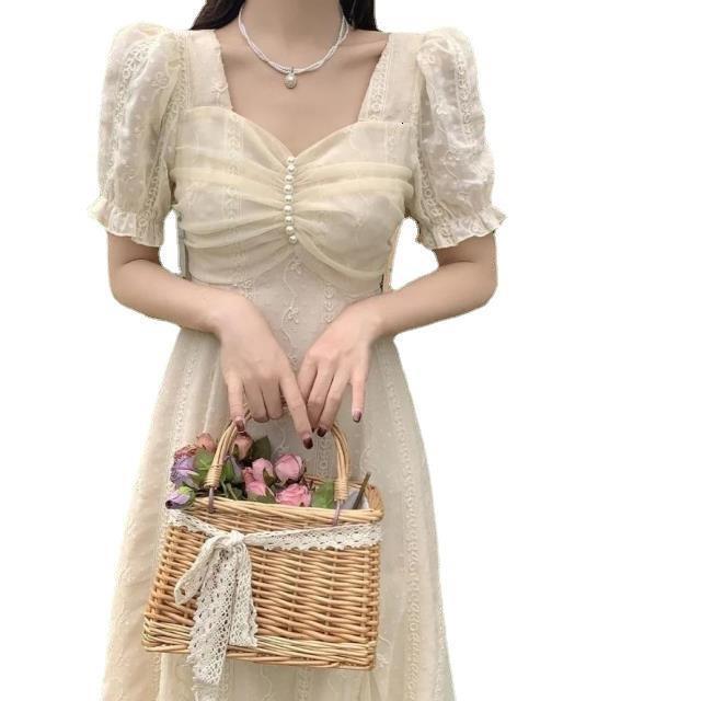 2025 Square Neck Summer Dress Sweet Desire Style First Love Tea Break French Platycodon Retro Design Sense Mori Women's Clothing