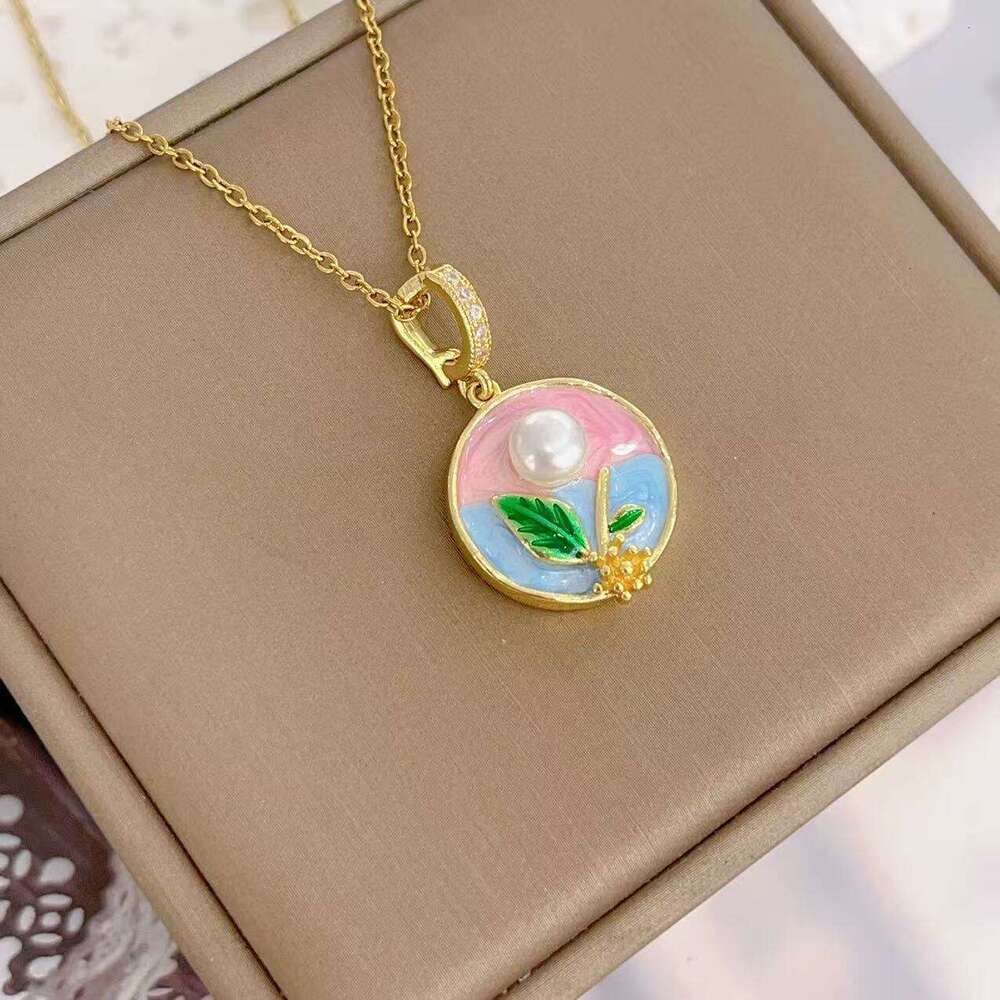 National Style Oil Drop Monet Garden Painted Copper Pendant Necklace For Women Exquisite High-End Jewelry Titanium Steel Clavicle Chain 89A