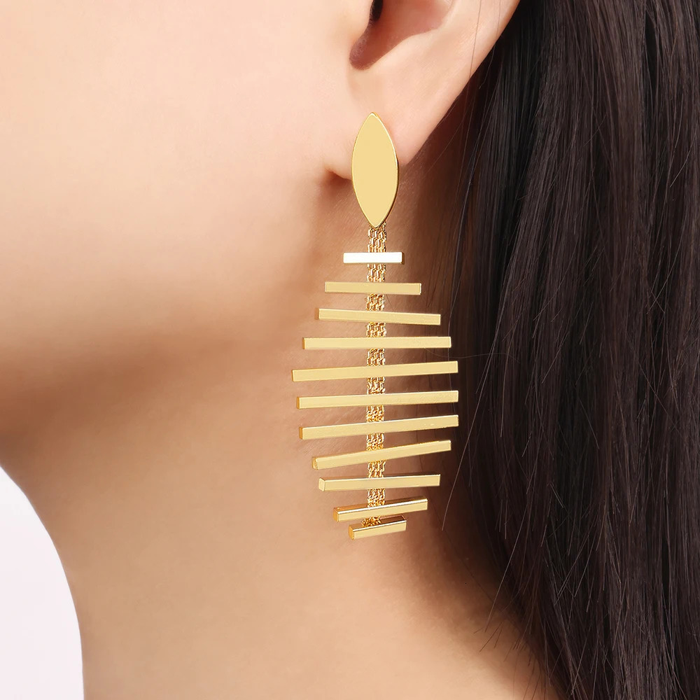Large Stainless Steel Dangle Earrings For Women Fish Bone Drop Earrings Gold Color Waterproof Wedding Female Jewelry 250715