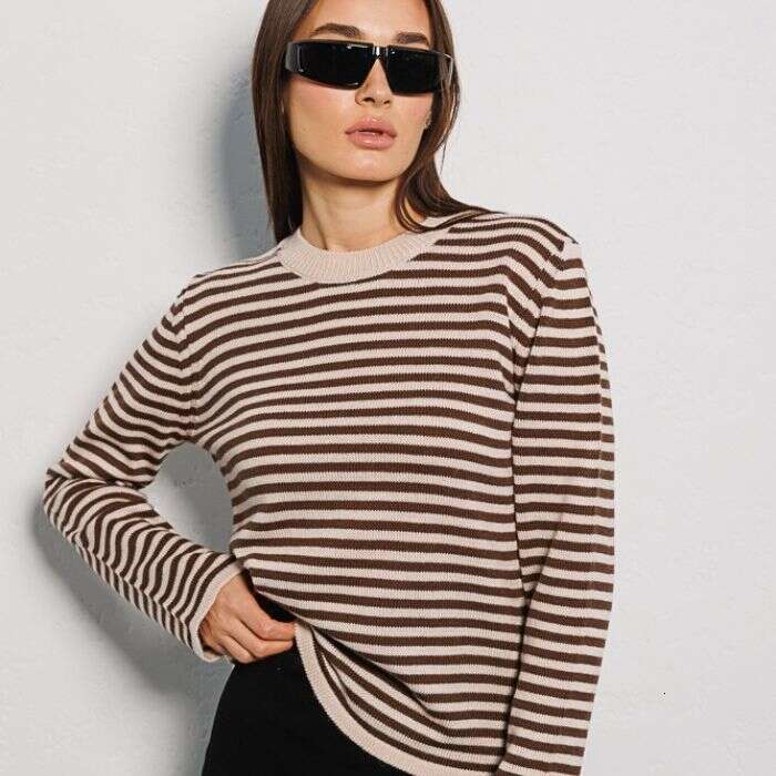 Autumn New Fashion Trend Ribbed Color Block Crew Neck Knitted Striped Sweater B5