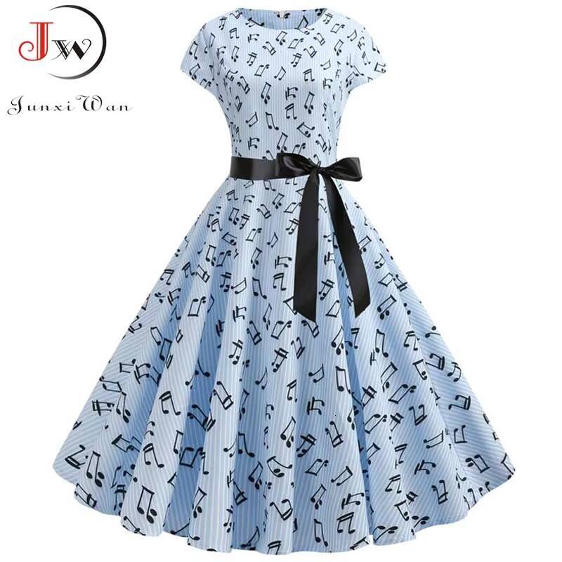 Women Summer Music Note Print Dress 50s 60s Robe Retro Swing Casual Vintage Party Dresses Vestidos dongdumaoyi