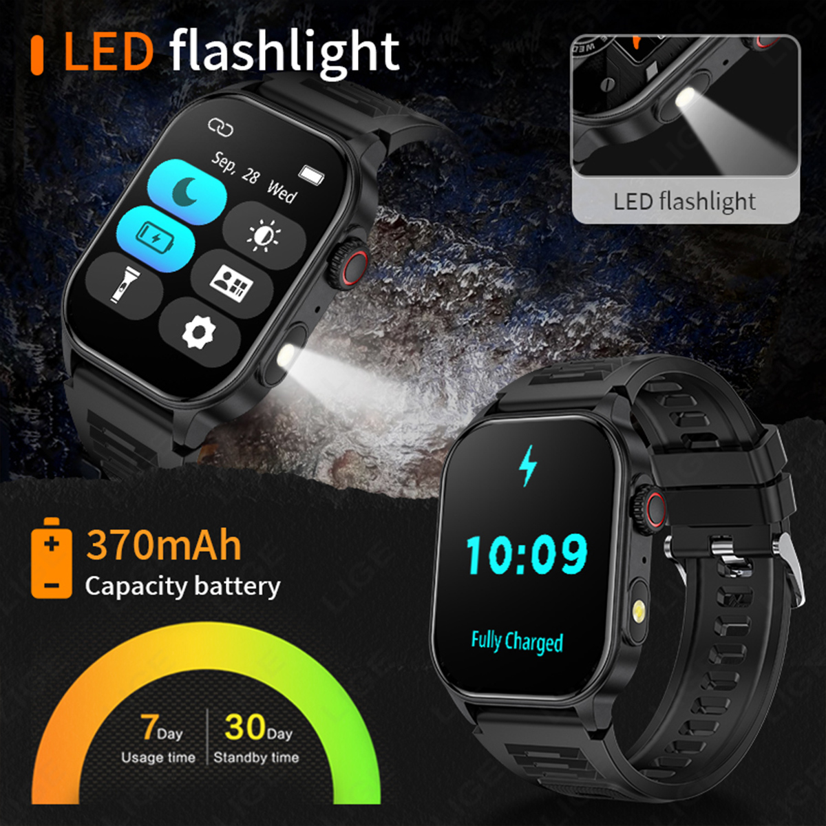 LIGE universal smartwatch features wireless communication, multiple sports modes, multi-language display, step counting and heart rate monitoring IP68