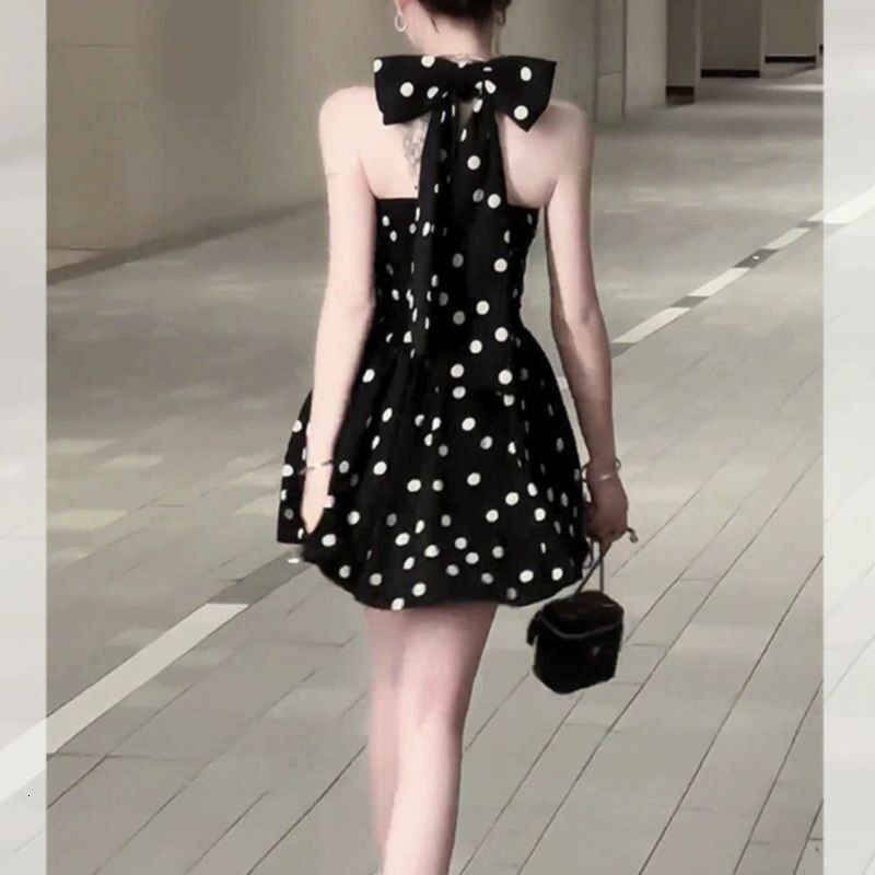 2025 French Style Bow V-neck Polka Dot Sleeveless Dress for Women Summer New Waist Slimming A-line Short