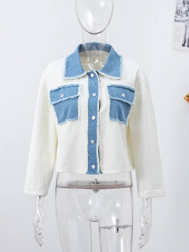 Women's White Denim Patchwork Shirt With Pockets Short-Length Spring New Comfortable Fit Casual Chic Streetwear For Woman